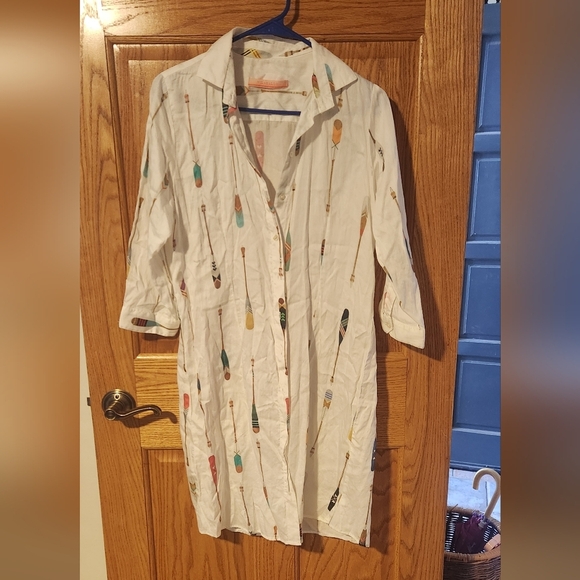 White Button-Up Dress with Colorful Feather Print By Vilagallo - Picture 1 of 6